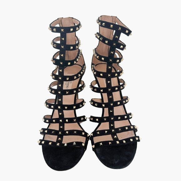 Valentino Garavani Studded Caged Sandals EU 39.5 US 9.5 Black High Heel Rockstud - Picture 2 of 13